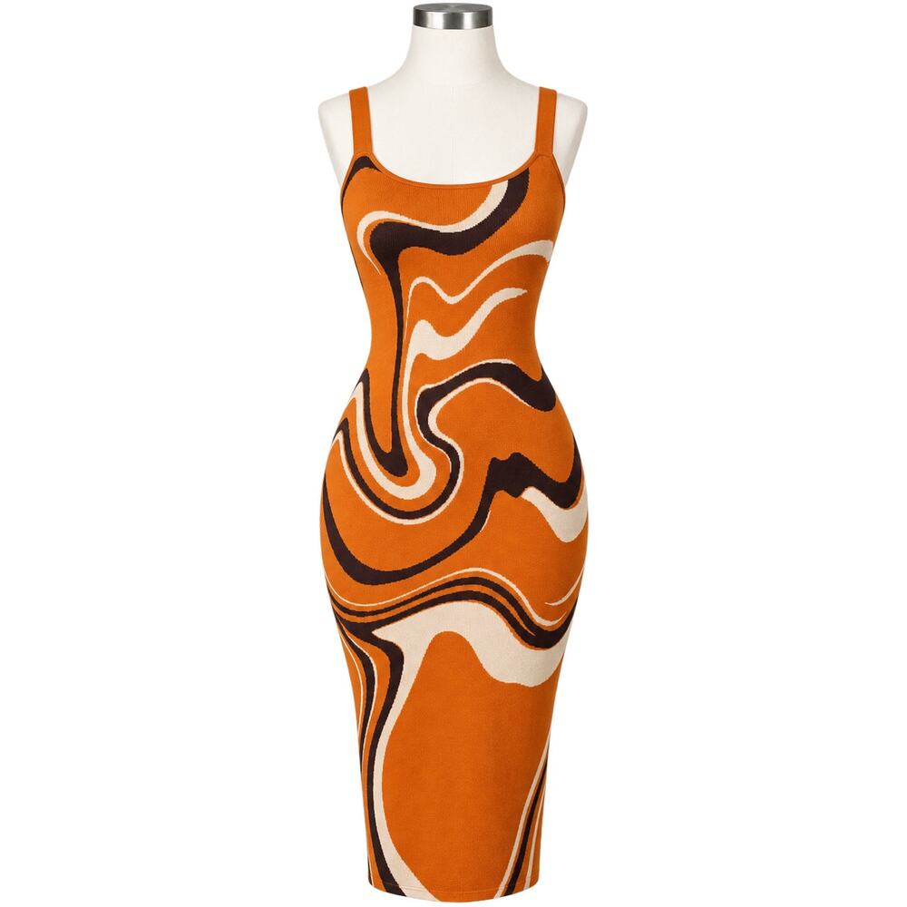 Cider Orange Abstract Wave Knit Bodycon Midi Dress - Size 0XS - Y2K 70s